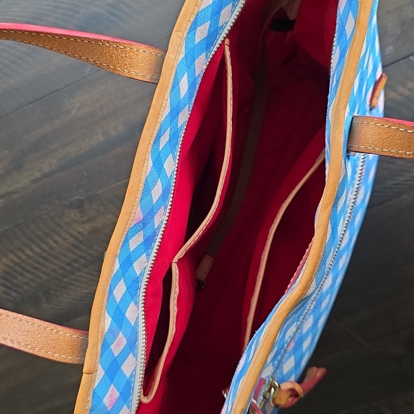 Dooney & Bourke Blue Zip Top Gingham Canvas Tote Shoulder Bag Tan Leather Accent - Picture 13 of 14